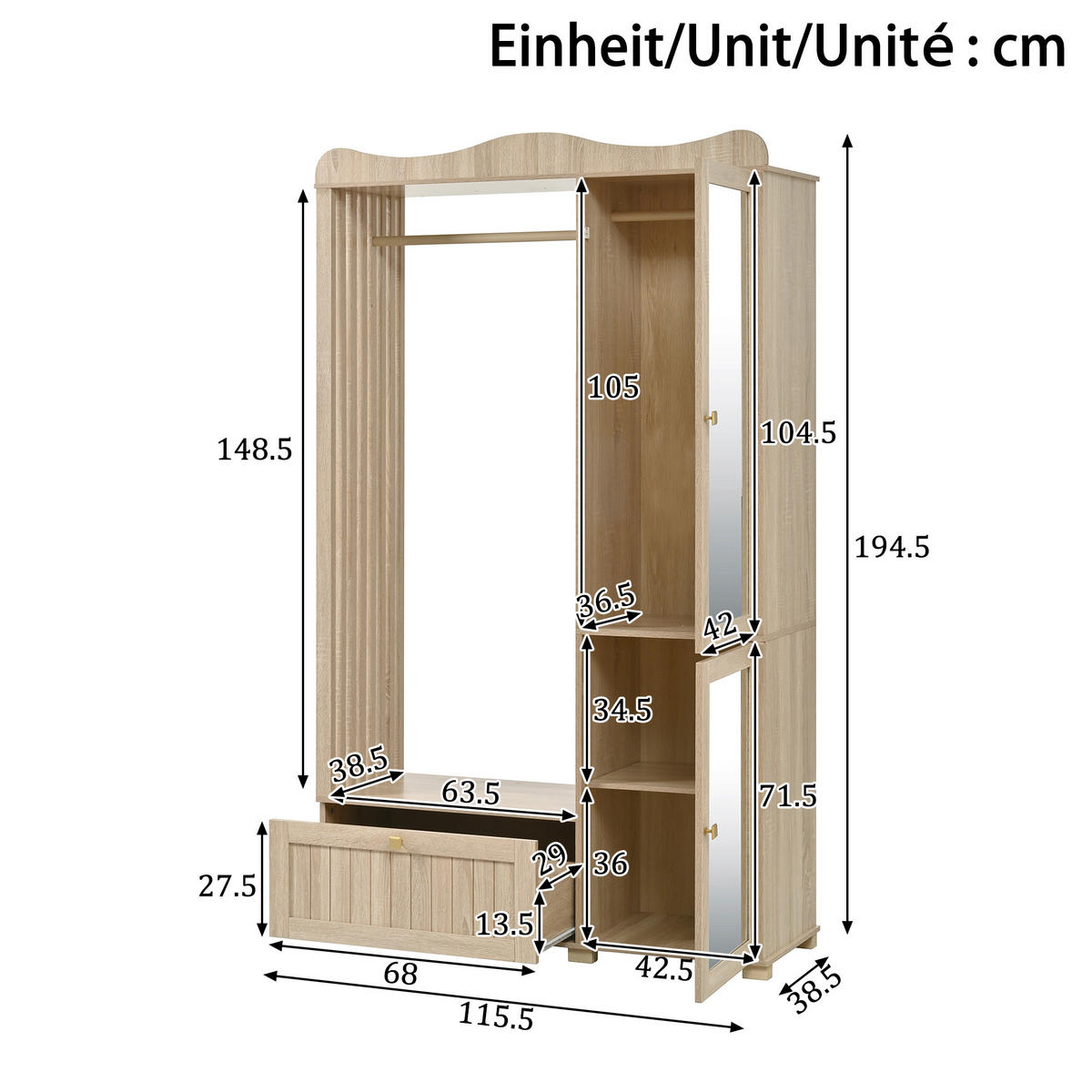 IN Eichefarben Kleiderschrank mit Spiegel und offenem Kleiderständer, Schublade und 2 Türen, B115.5/T38.5/H194.5cm - Eichefarben, Glas/Holzwerkstoff (115.5/194.5/38.5cm) - STILVORA