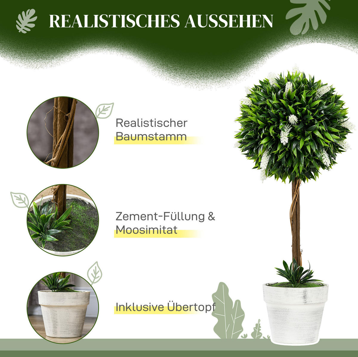 KUNSTPFLANZEN-SET 14,5/14,5/60 cm weiß aus Kunststoff mit Topf - Weiß, Kunststoff (60cm) - OKWISH