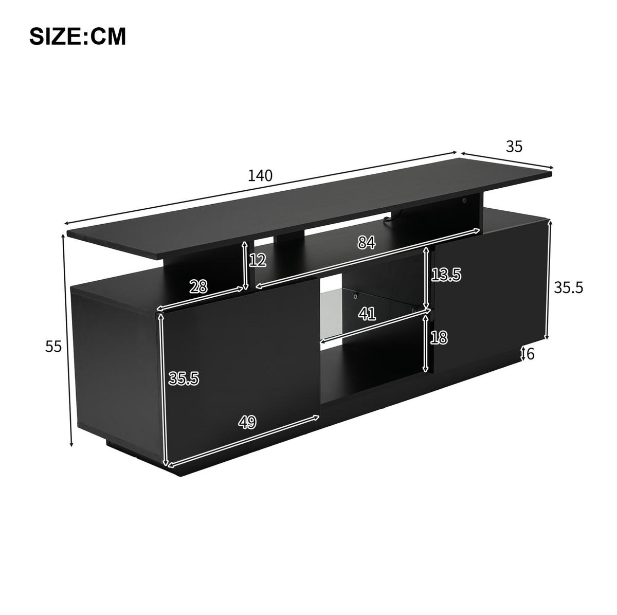 TV-SCHRANK 140/35/55 cm aus Spanplatte mit App-gesteuerter LED-Beleuchtung, 2 Hochglanz-Türen und 5 offenen Fächern, Schwarz - Schwarz, Holzwerkstoff (140/55/35cm) - Redom
