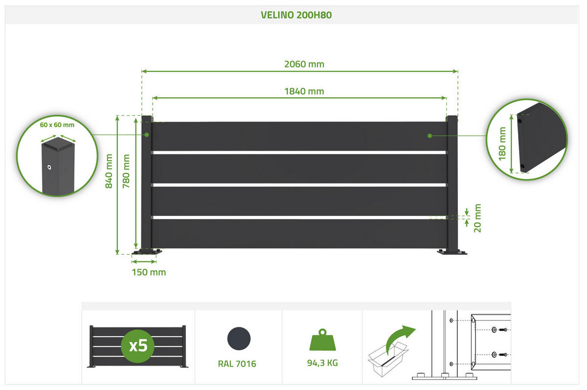 HALBOFFENER Zaun Velino 10m x H.80cm schwarzer Stahl - Schwarz, Metall (1000/84cm) - Casanoov