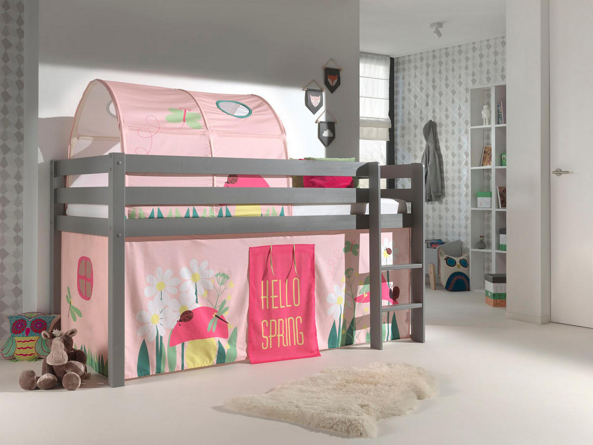 KINDERBETT Karolina 210x114x106 Massivholz Grau Textilset Spring 2 - Hellrosa/Grau, Holz (90/200cm) - 58aufmkessel