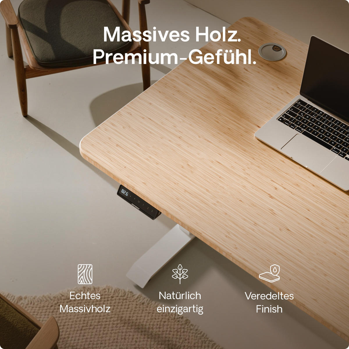 SCHREIBTISCH Elektrisch Höhenverstellbarer HomePro 160x80cm Weiß/Bambus mit Memory-Funktion, Anti-Kollisions Technologie - Hellgelb/Weiß, Holz (80/160/63.5cm) - Desktronic
