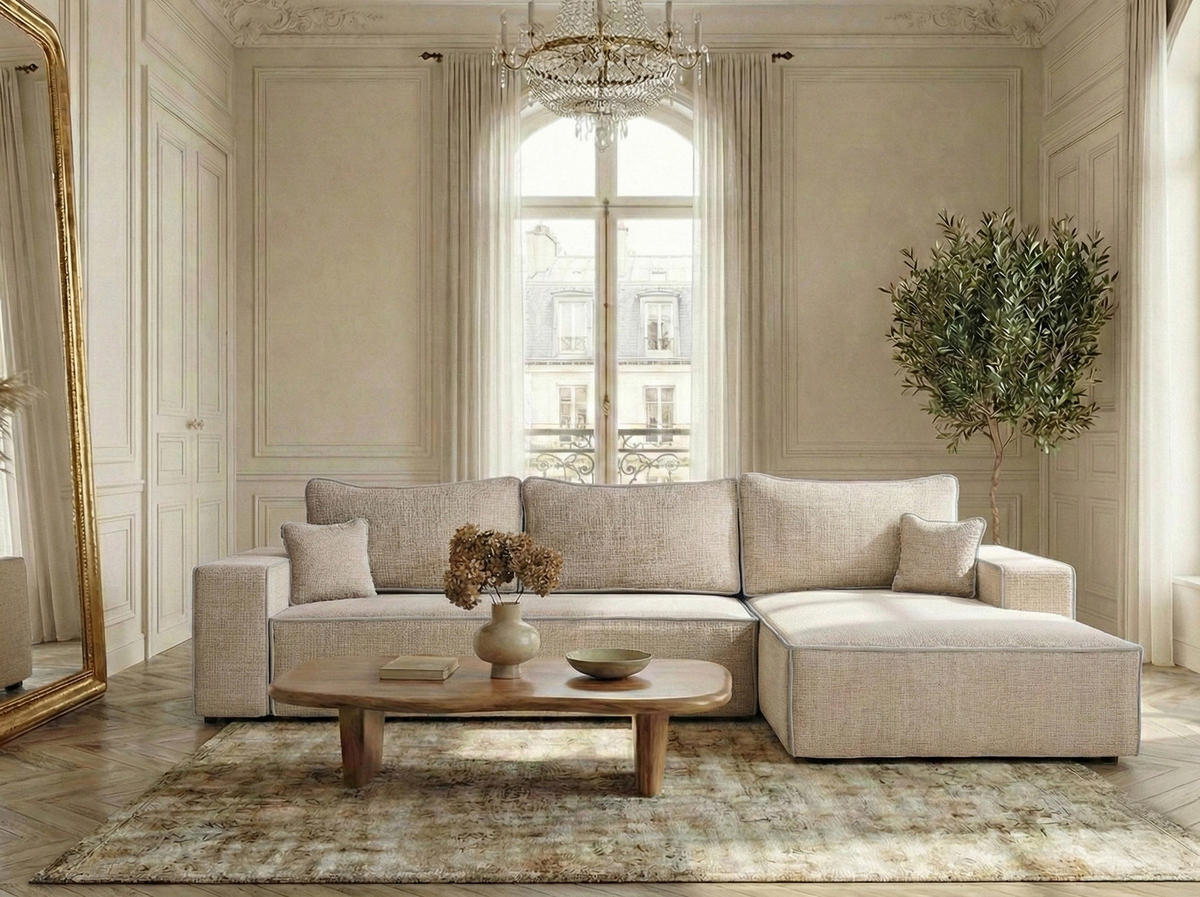 ECKSOFA MIT SCHLAFFUNKTION Modo Creme Chenille-Stoff - Rechts Seite - Beige/Schwarz, Holz/Holzwerkstoff (294/185cm) - Maison de Reve