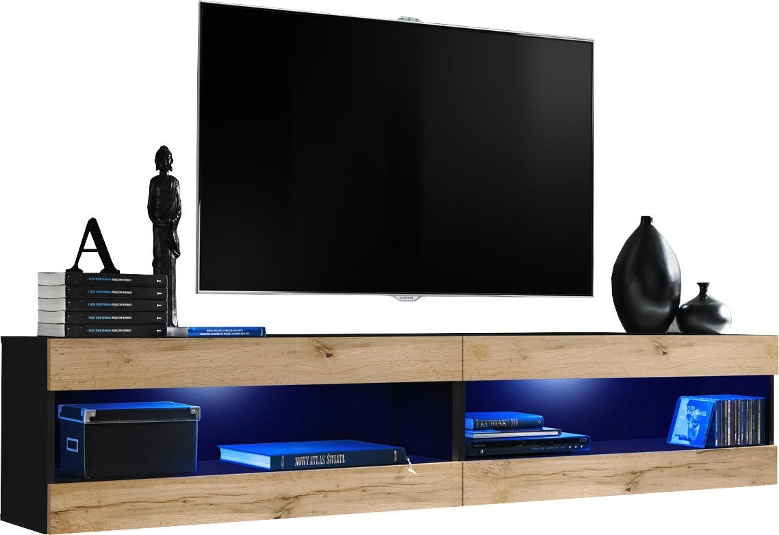 WOHNWAND TIVOLI SET4-BLACK/WOTAN+BLU Offener Raum Schwarz Wotan - Eiche Wotan/Schwarz, Holzwerkstoff/Kunststoff (200/41/35cm) - Komodee