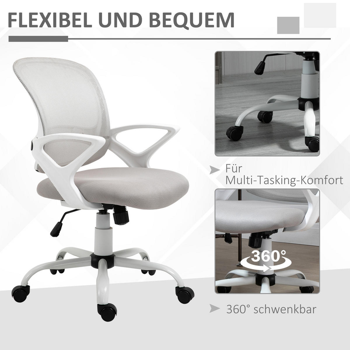 BÜROSTUHL Ergonomischer Mesh Schreibtischstuhl, Grau - Grau, Kunststoff (61/99/61cm) - Vinsetto