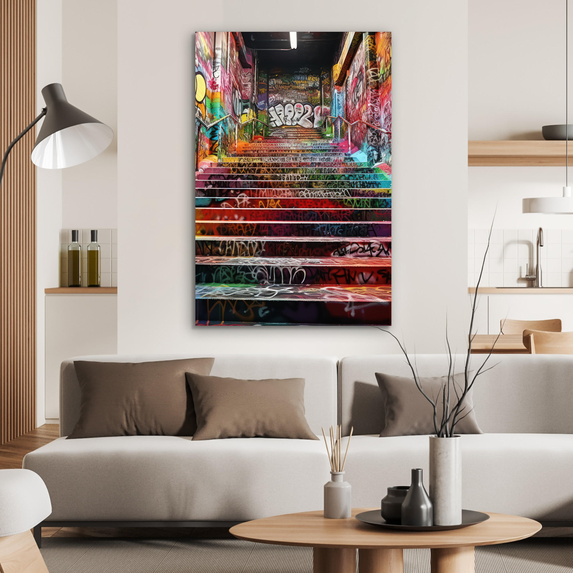METALLBILD Treppe - Graffiti - Farben - Kunst 60x90 cm - Multicolor, Metall (60/90cm) - MuchoWow
