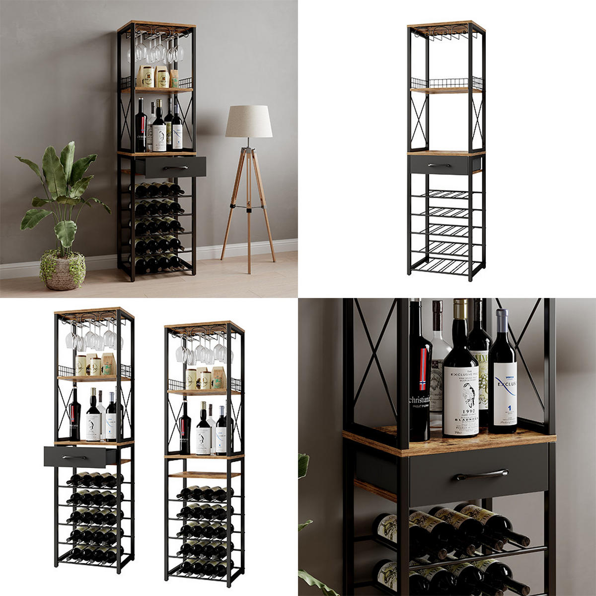 WEINREGAL Porto Eiche rustikal 40 x 147.5 cm mit Schublade - Wildeiche/Schwarz, Holzwerkstoff (40/147.5/30cm) - Vicco