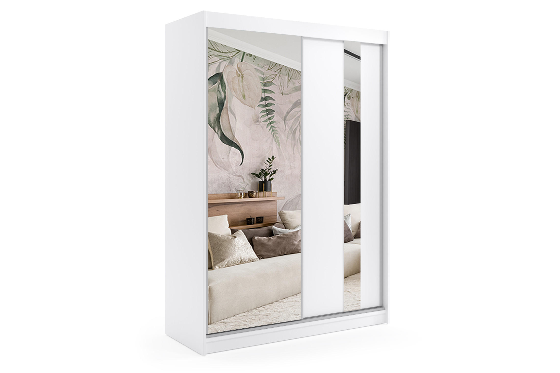 KLEIDERSCHRANK mit Spiegel-Schiebetüren und Aluminium-Leisten - GRACE - 160 cm Weiß - Weiß, Holzwerkstoff (160/216/61cm) - ALTDECOR