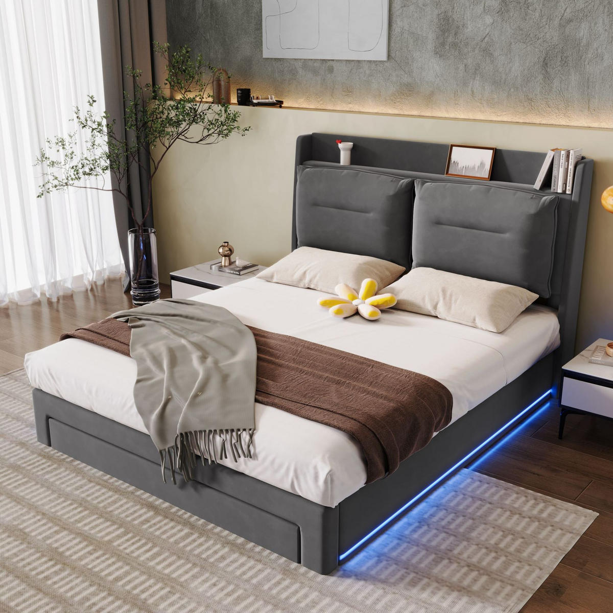 POLSTERBETT 140/190 cm Grau aus Samt mit Stauraum und LED-Beleuchtung - Dunkelgrau, Textil (140/190cm) - Flora Grace