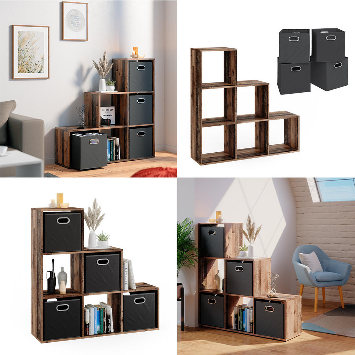 TREPPENREGAL Antikholz 107.2 x 107.8 cm mit 4 Faltboxen - Alteiche, Holzwerkstoff (107.2/107.8/29cm) - Vicco
