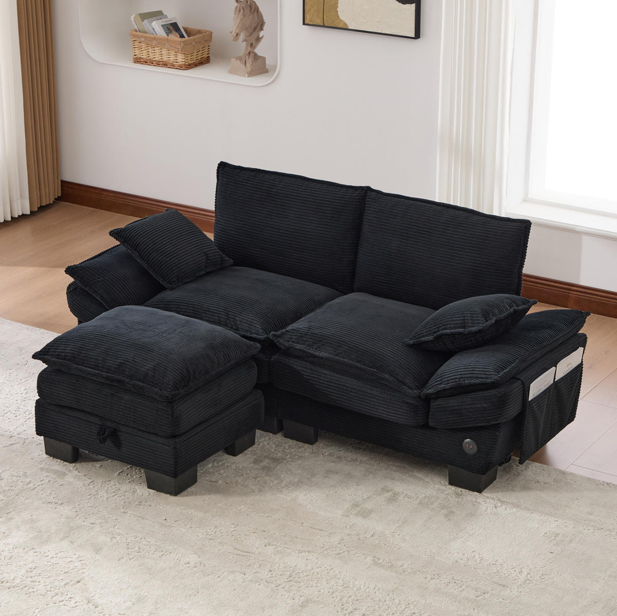 SOFA 2-Sitzer mit Hocker 190 x 132 cm Cord Schwarz - Schwarz, Kunststoff (132/190cm) - Meubliv