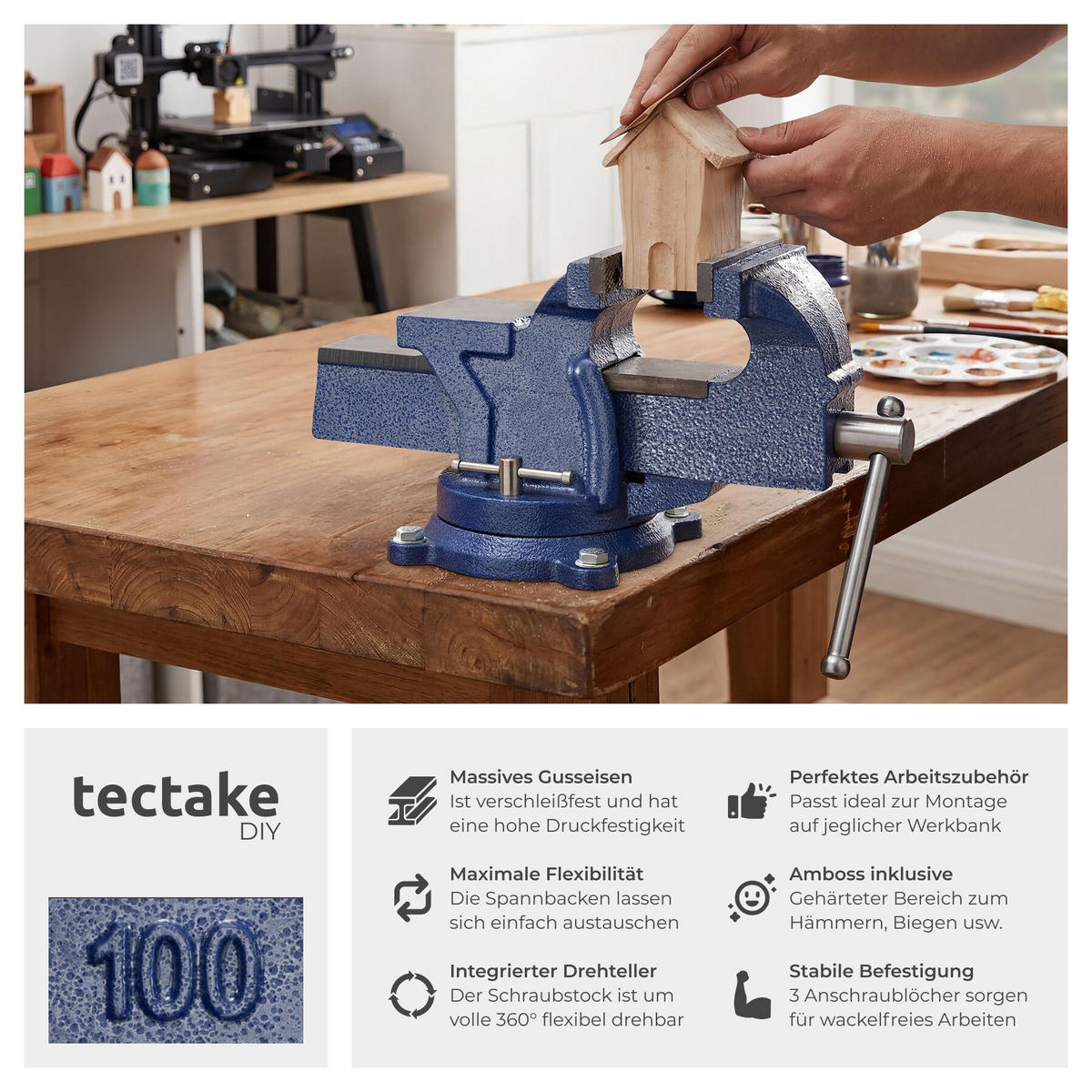 SCHRAUBSTOCK , 3 Anschraublöcher, blau - Blau, Metall (27/10/15cm) - tectake