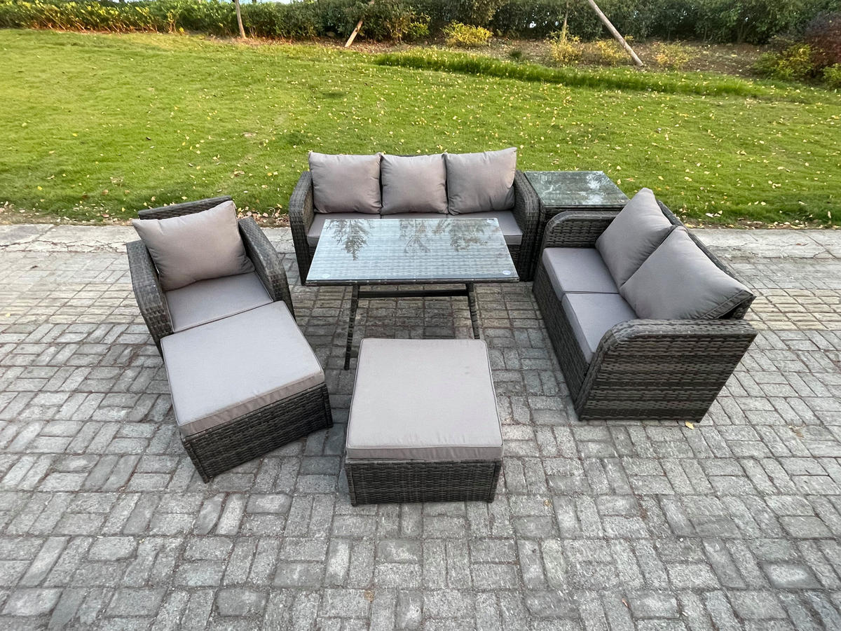 GARTENMÖBEL SET Polyrattan Dunkelgrau 8-Sitzer - Dunkelgrau/Grau, Glas/Kunststoff - Fimous