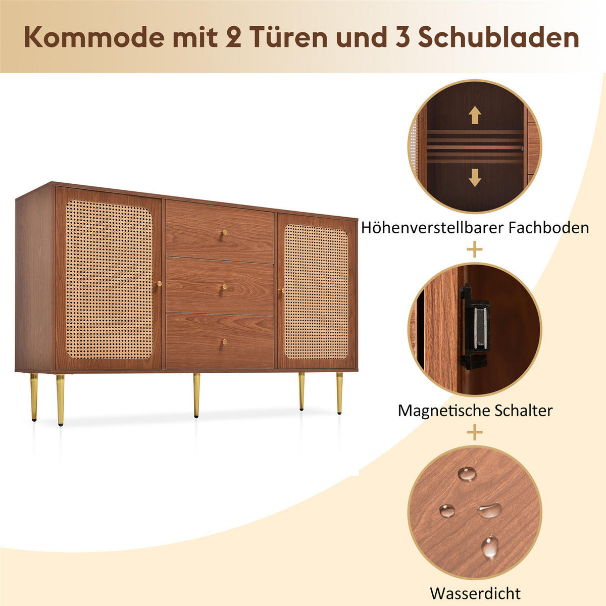 SIDEBOARD Nussbaum 150x90x40 cm Rattan mit Stauraum - Walnussfarben, Holz (150/90/40cm) - Kaket