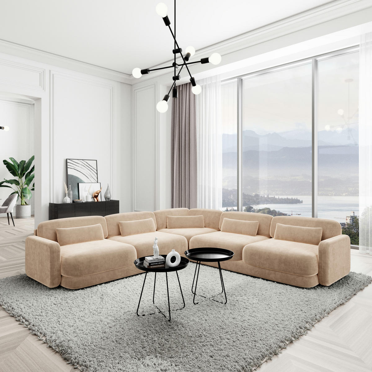 ECKSOFA Valencia L Form Samtstoff Beige - Beige, Textil (229/229cm) - Sofa Dreams