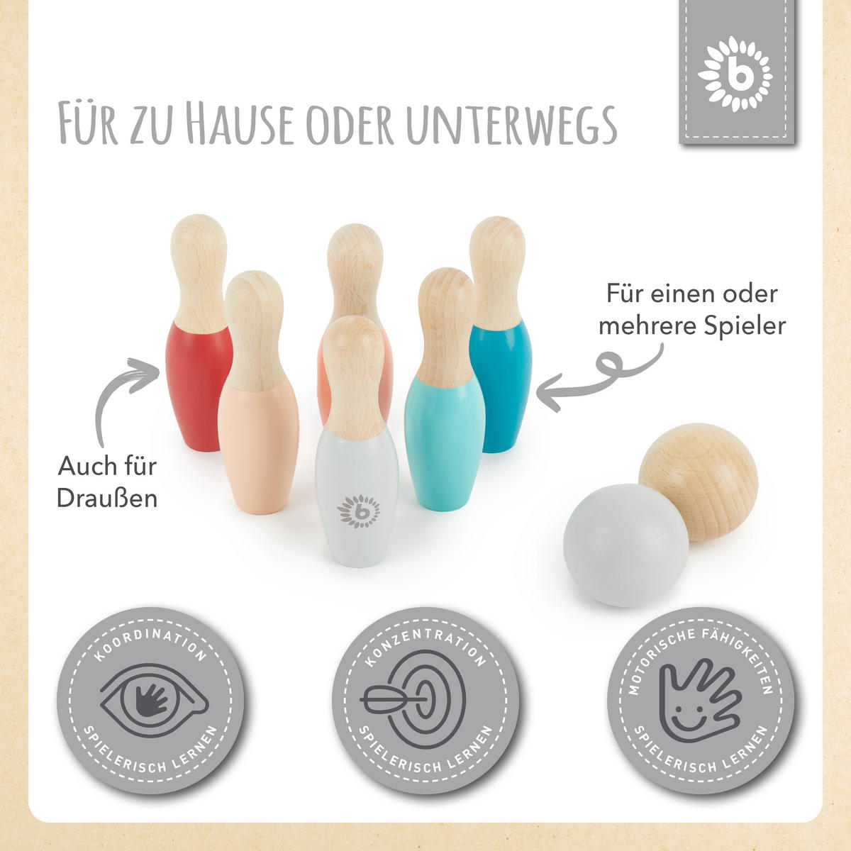 KEGELSPIEL Mini aus Holz - ab 18 Monate - Multicolor, Holz (3.2/3.2cm) - Bieco Spielwaren