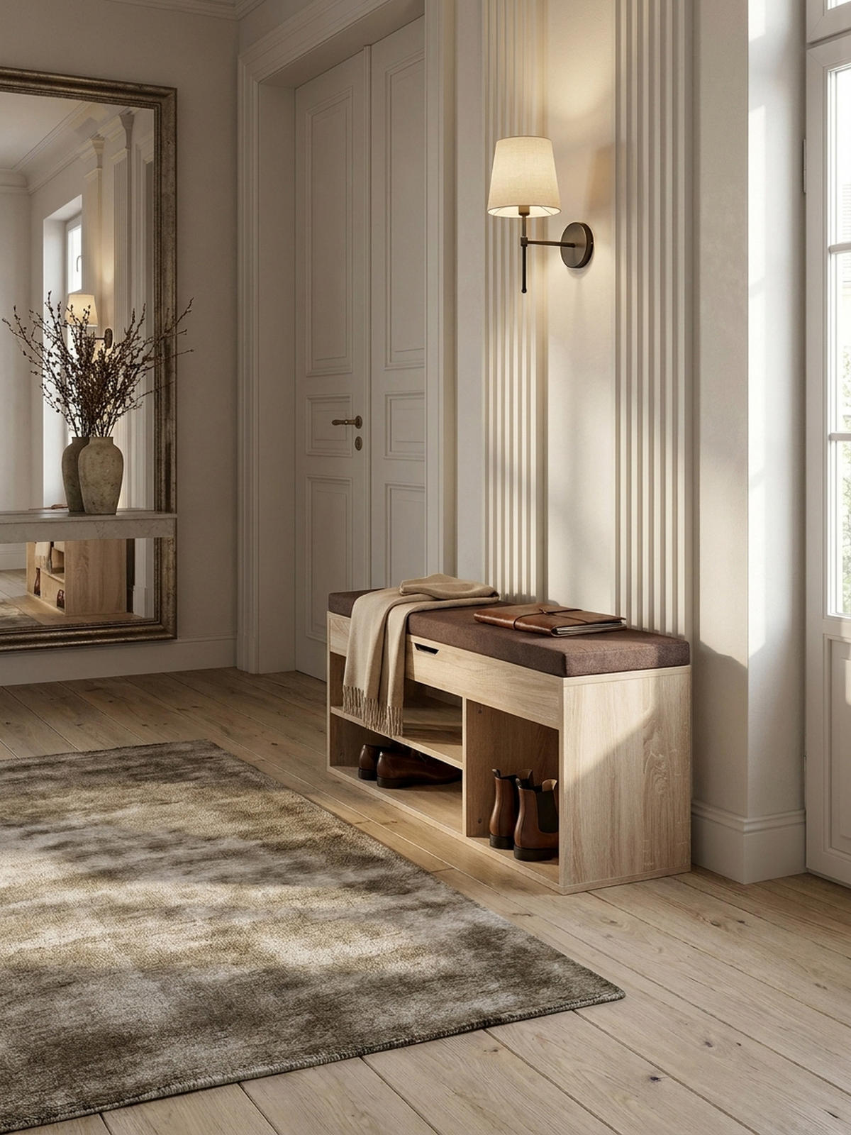 GARDEROBENBANK Holz gepolstert mit Stauraum, Beige 104x32x51 cm - Beige/Braun, Holz/Textil (104/51/32cm) - KADIMA DESIGN