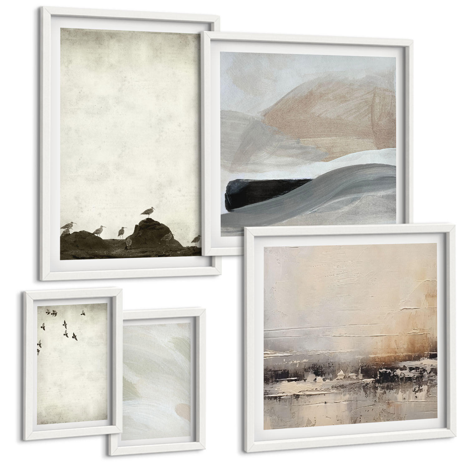 BILDER SET 5er Set - 50x50 cm & 20x30 cm & 40x60 cm Weißer Rahmen - Vögel, Steine, Pinselstriche, Verzierungen - Weiß, Kunststoff (40/60cm) - TULUP