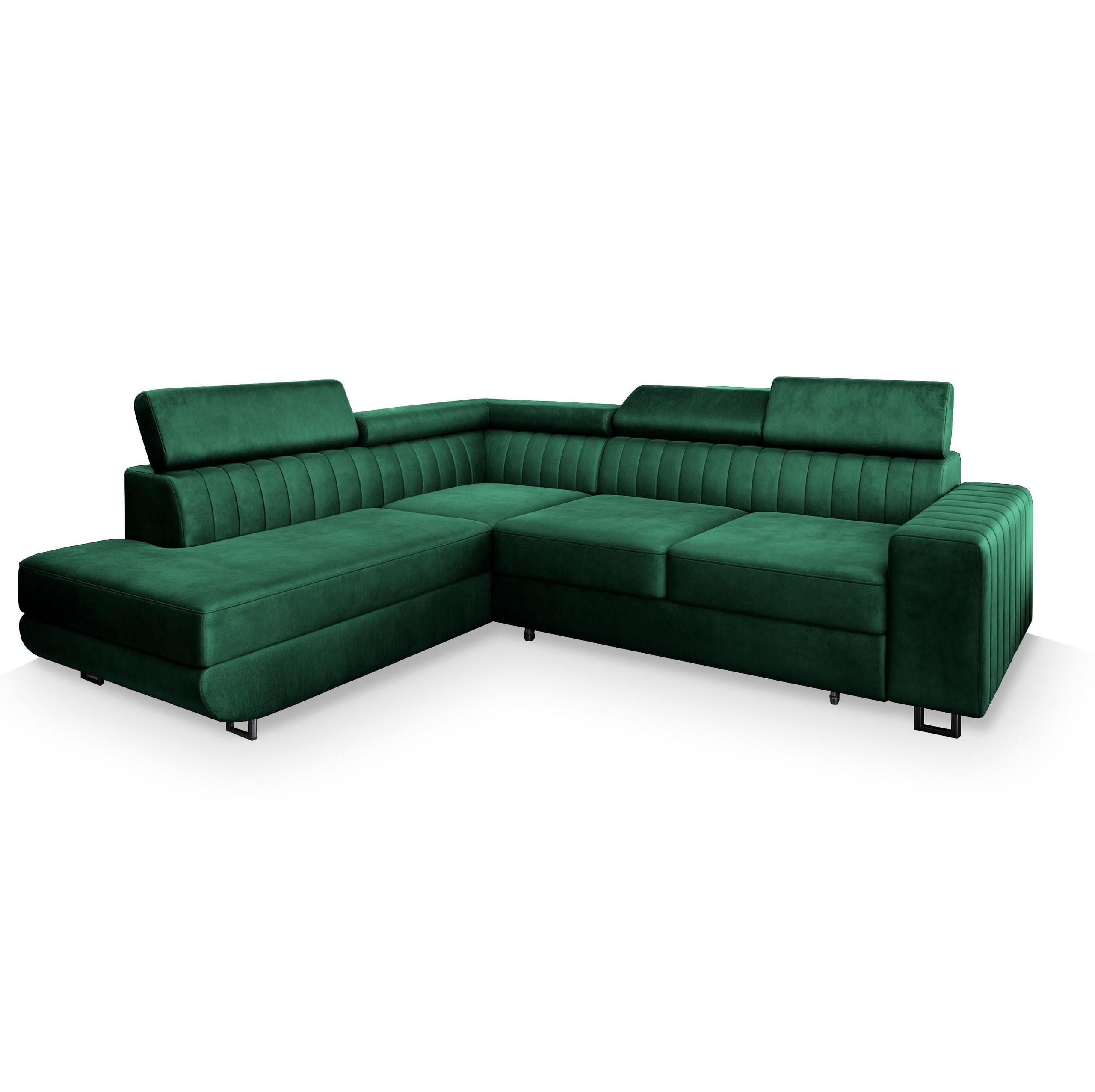 ECKSOFA NOLA L-S Grün Velours-Stoff mit Schlaffunktion - Grün, Holz (253/190cm) - MASSENO
