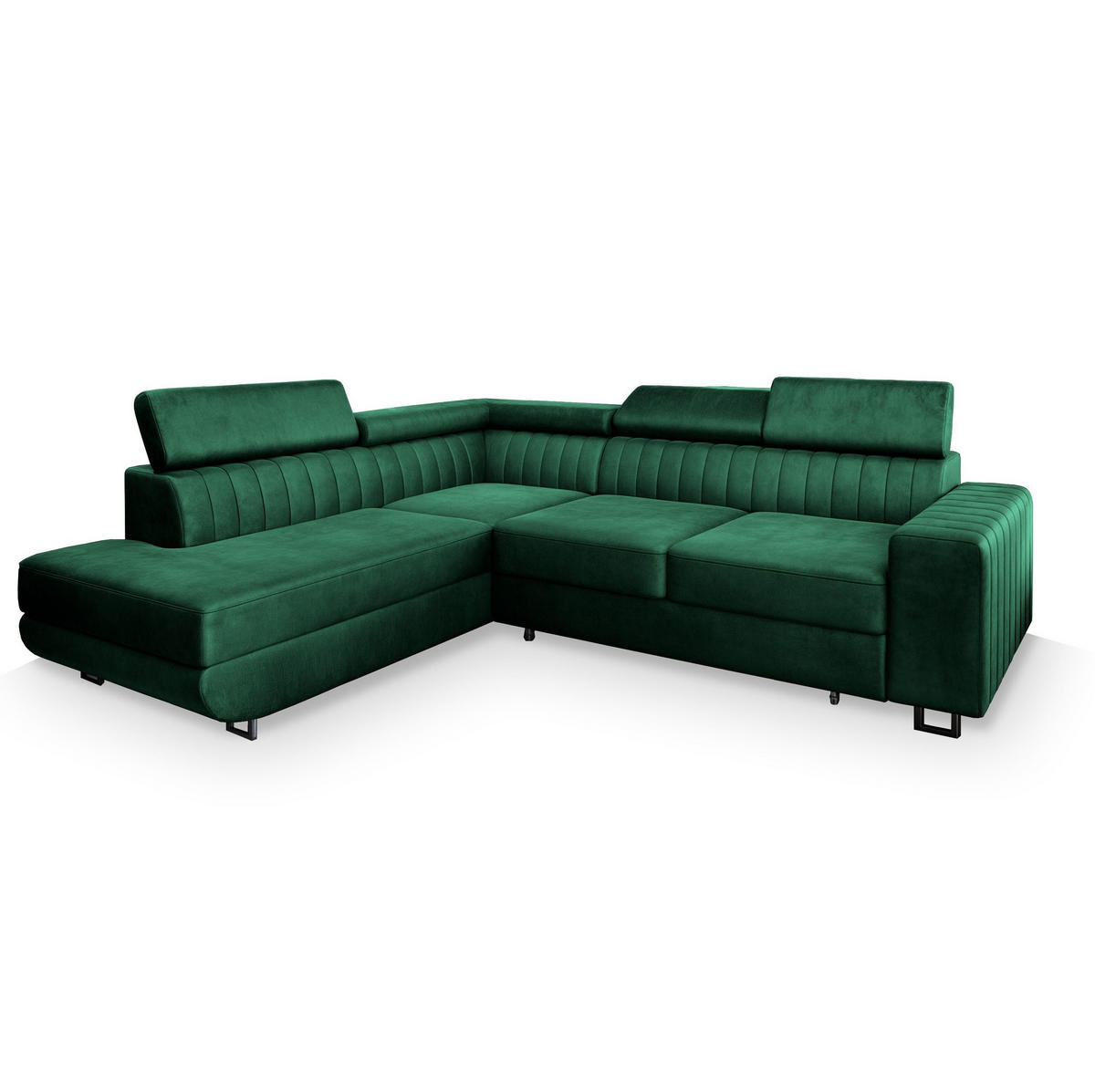 ECKSOFA NOLA L-S Grün Velours-Stoff mit Schlaffunktion - Grün, Holz (253/190cm) - MASSENO