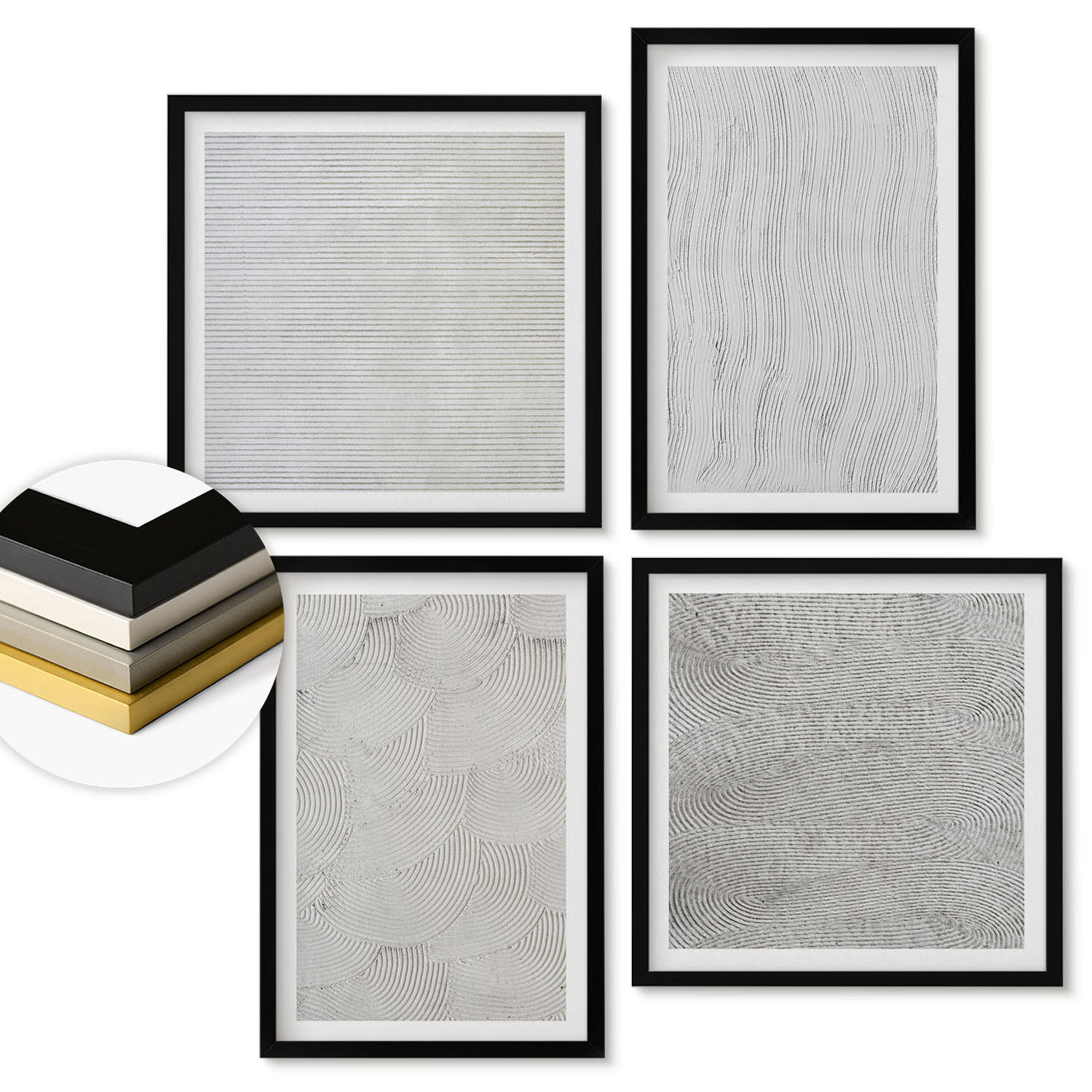 WANDBILDER 4er-Set - 50x50 cm & 40x60 cm Schwarzer Rahmen - Sandmuster geometrische Strukturen - Schwarz, Kunststoff (50/50cm) - ArtPrintCave