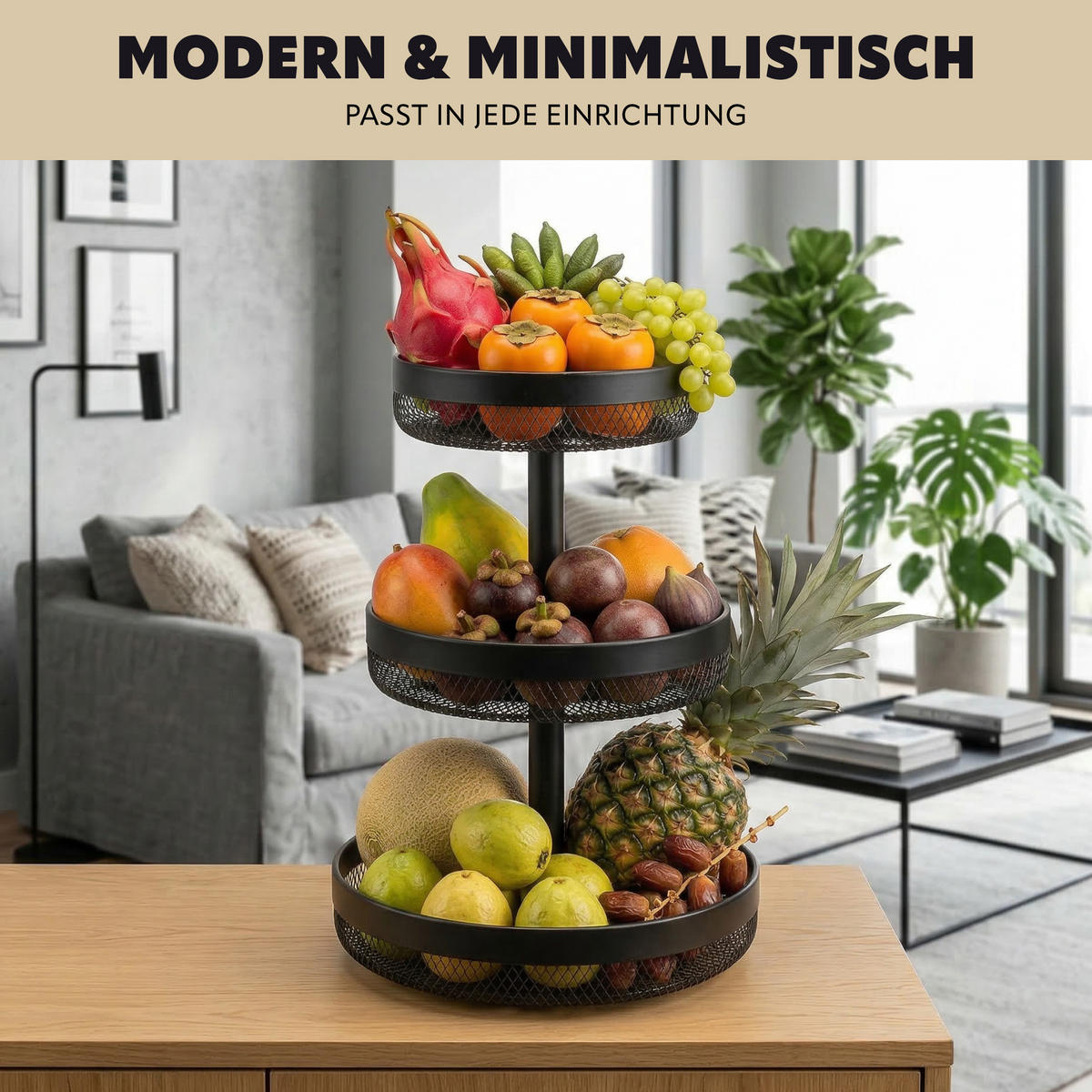 OBSTETAGERE rund, 3-stöckig, Ø 20 cm, 25 cm und 30 cm, schwarz, Metall - Schwarz, Metall (42cm) - eluno