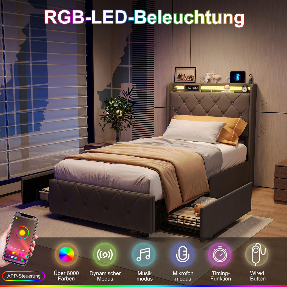 POLSTERBETT 90x200 cm, Zwei Schubladen mit Rollen, RGB LED, USB-/Typ-C-Anschlüsse, Samtstoff, Grau - Grau, Holz (90/200cm) - BRILVERDE
