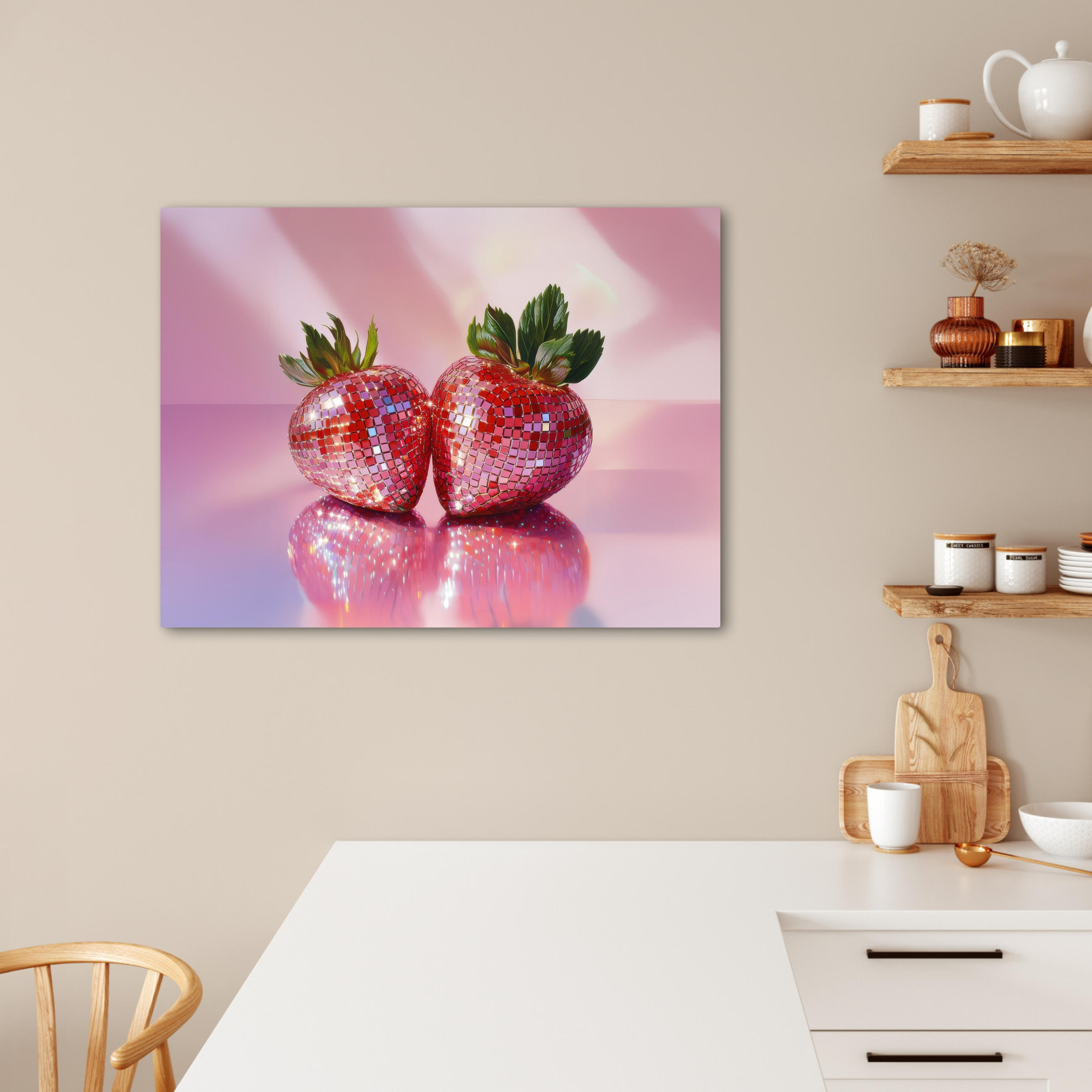 LEINWANDBILD Disco - Obst - Glitzer - Erdbeere Wandbilder 80x60 cm - Pink, Textil (80/60cm) - MuchoWow