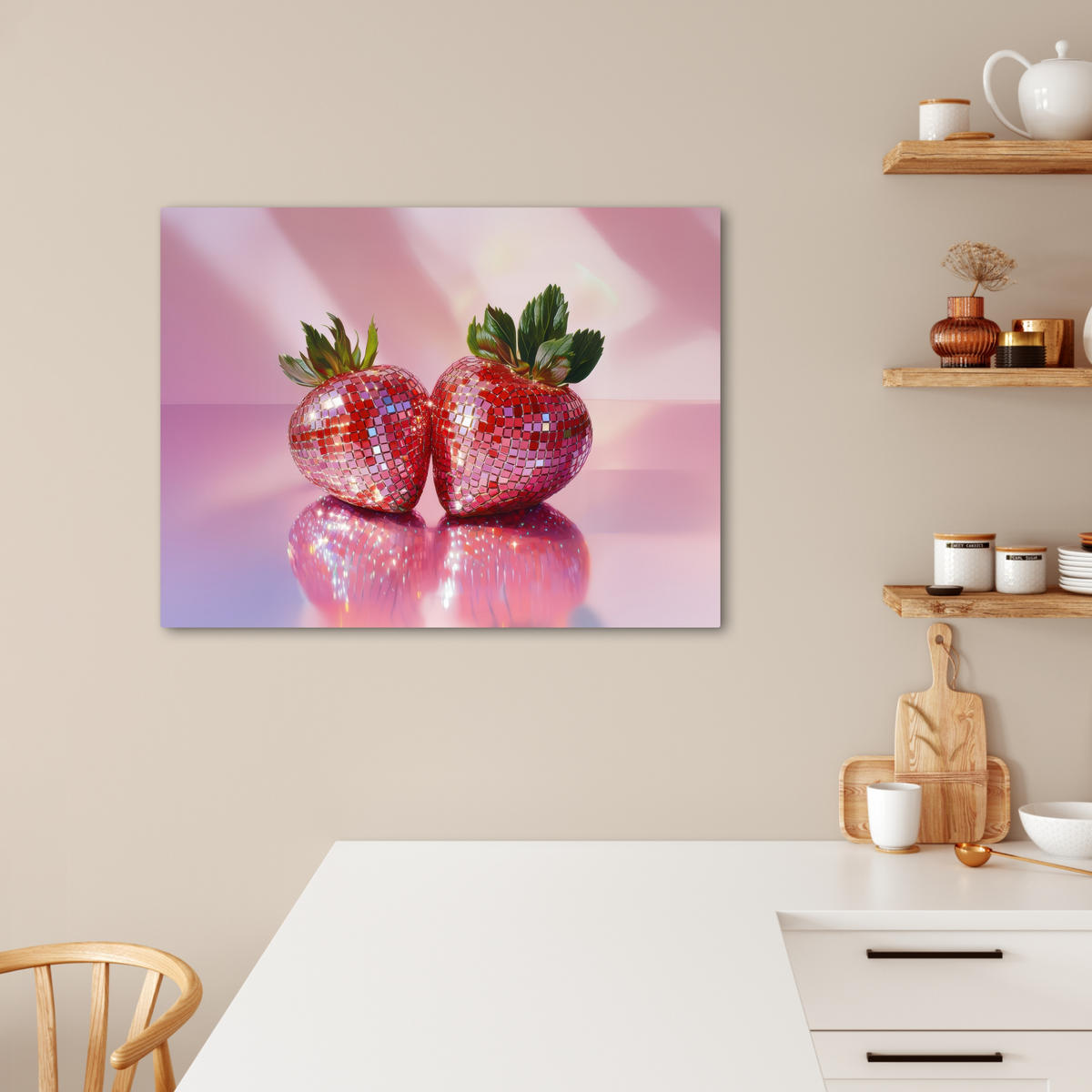 LEINWANDBILD Disco - Obst - Glitzer - Erdbeere Wandbilder 80x60 cm - Pink, Textil (80/60cm) - MuchoWow