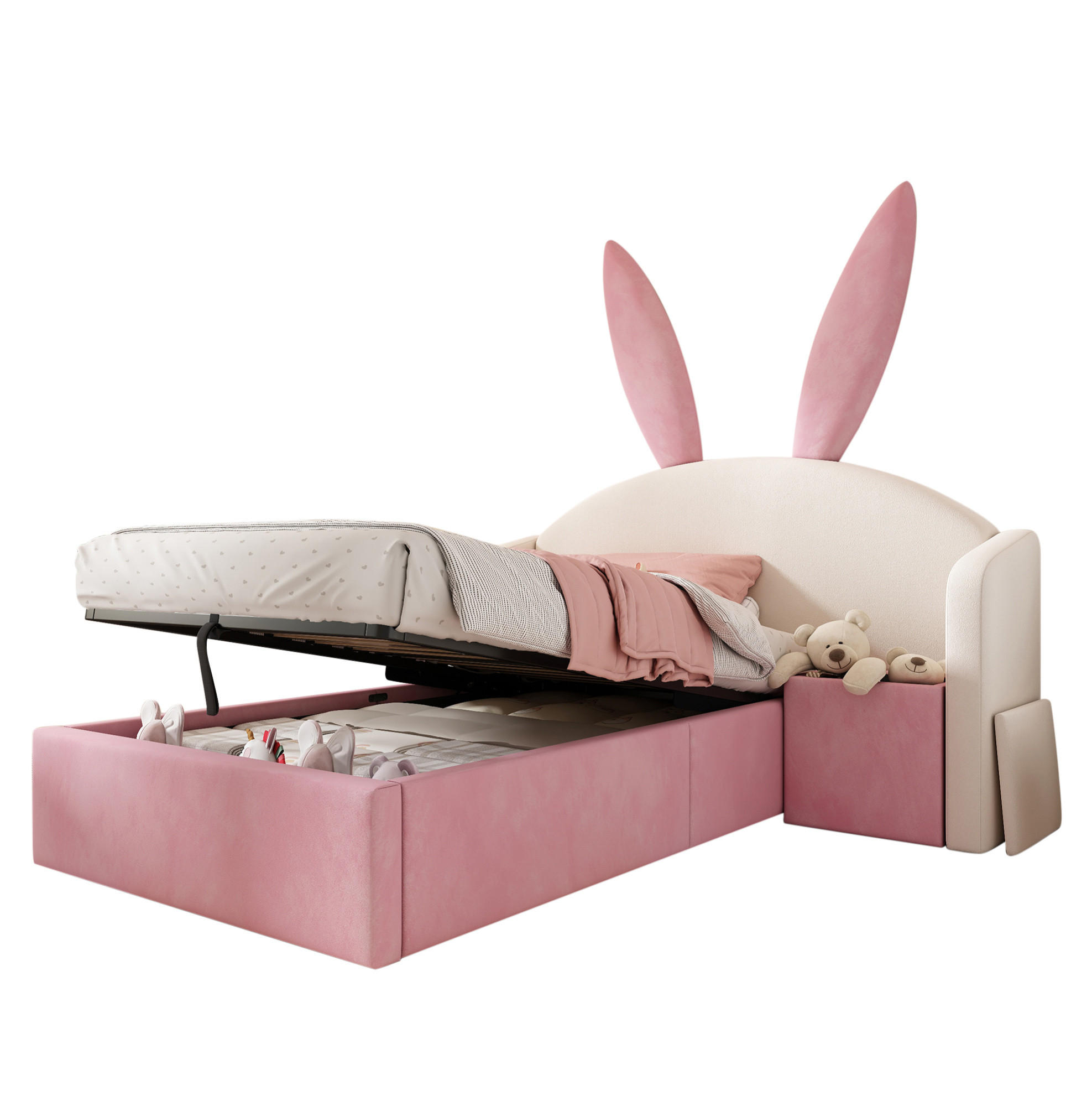 KINDERBETT 90/190 cm aus Samt mit Stauraum und montierbarem Nachttisch Beige/Rosa - Beige, Textil (90/190cm) - Modenvie