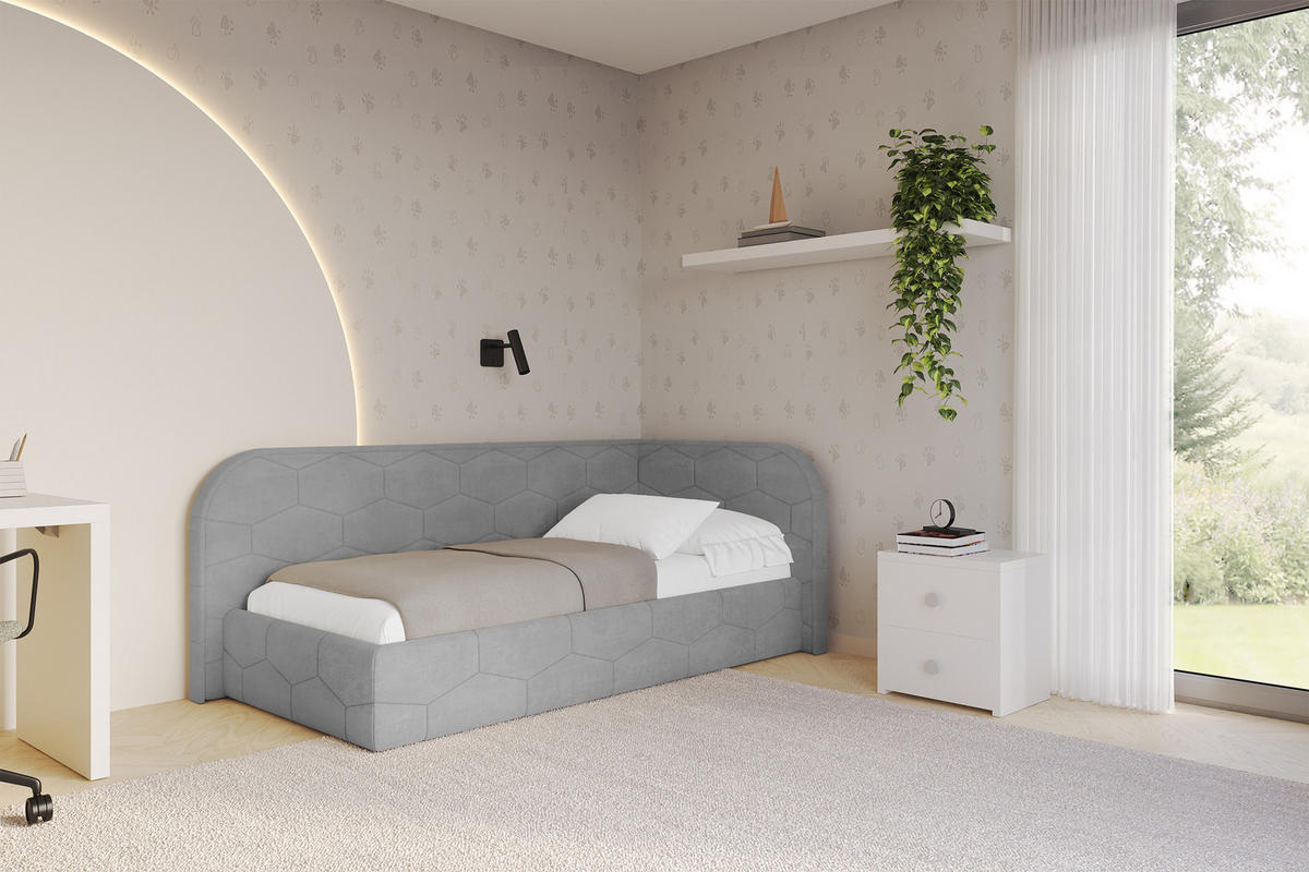 EINZELLBETT Jugendbett mit Bettkasten und Matratze H3/H4, Links - JAXY 90x200 Grau - Hellgrau, Holzwerkstoff/Textil (90/200cm) - ALTDECOR