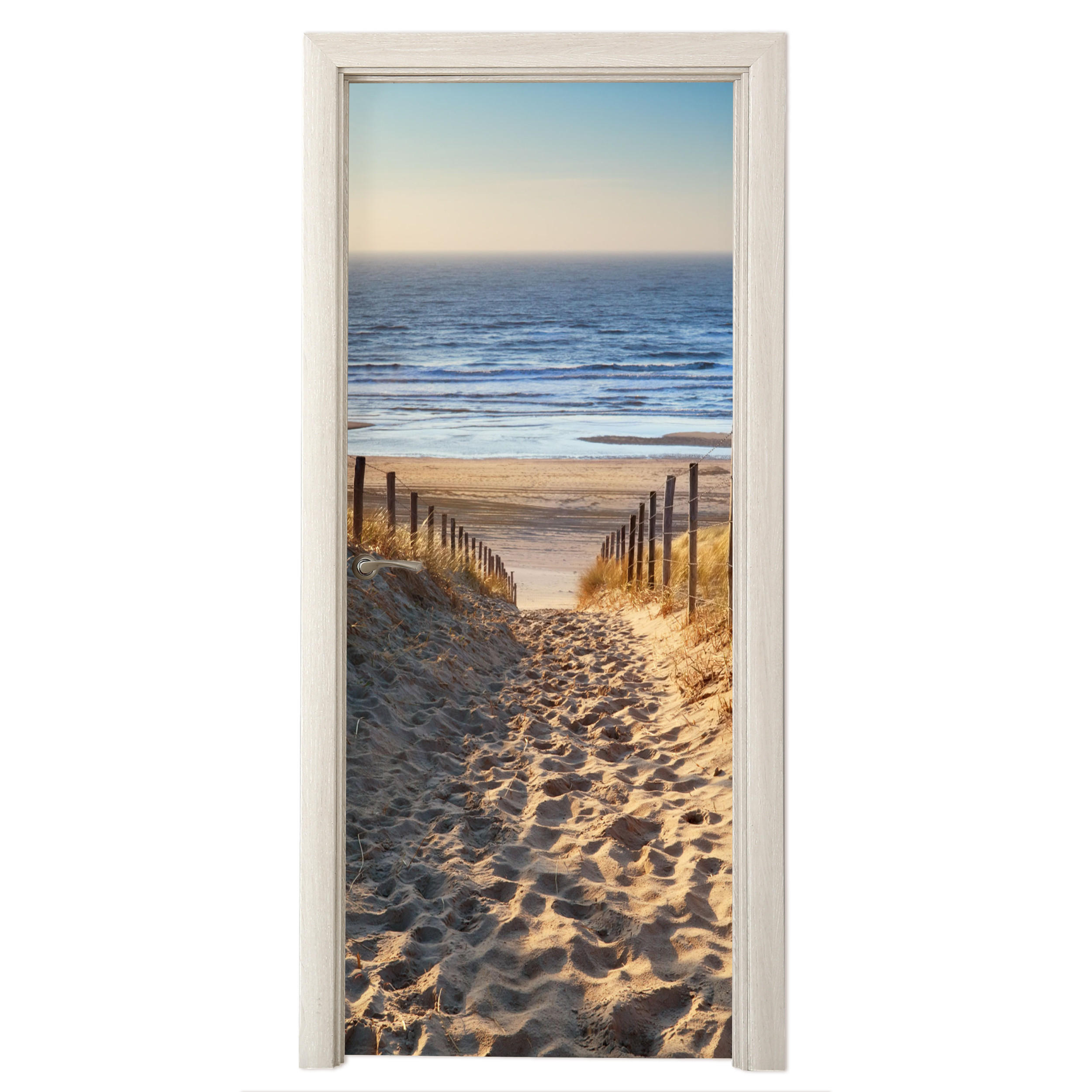 TÜRAUFKLEBER Strand - Meer - Niederlande - Dünen - Sonne 80x215 cm - Türtapete - Blau, Kunststoff (80/0.1cm) - MuchoWow