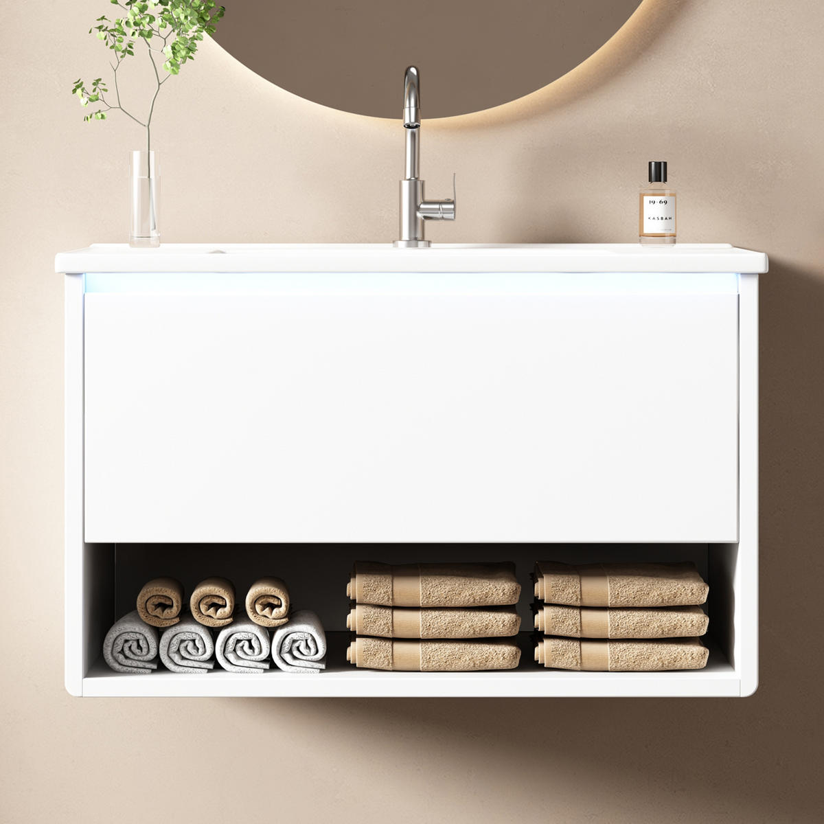 WASCHTISCHUNTERSCHRANK 76,5×46×45 cm, weiß, wandhängend, lackiert, mit LED-Bewegungssensor, 1 Schublade, offenem Fach, leisen Schienen, Waschbecken - Weiß, Holzwerkstoff (46/45/76cm) - Ej. Life