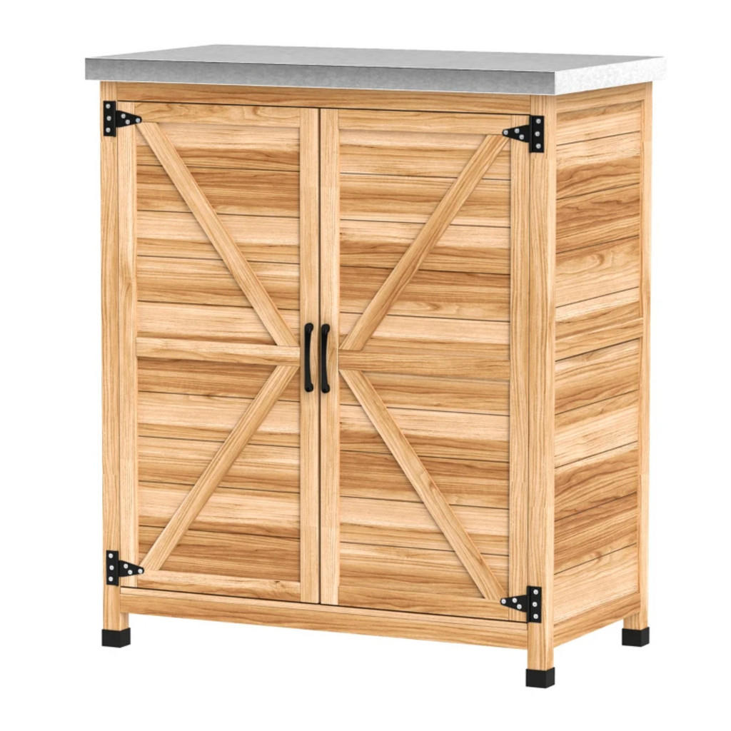 Modfu ZAHRADNÍ skříňka z lakovaného smrkového dřeva a pozinkované oceli 79x43x92 cm dřevěná s pracovní deskou