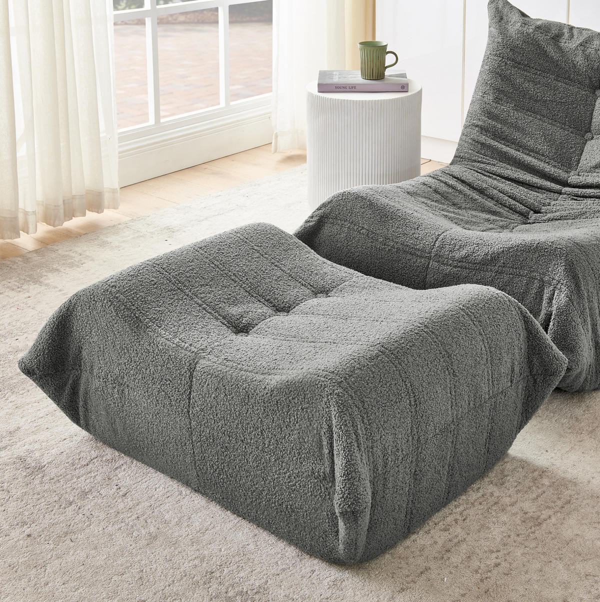 SCHLAFSESSEL mit Fußhocker Teddyfell Grau 2er-Set - Grau, Kunststoff (90/70/100cm) - Beauniv