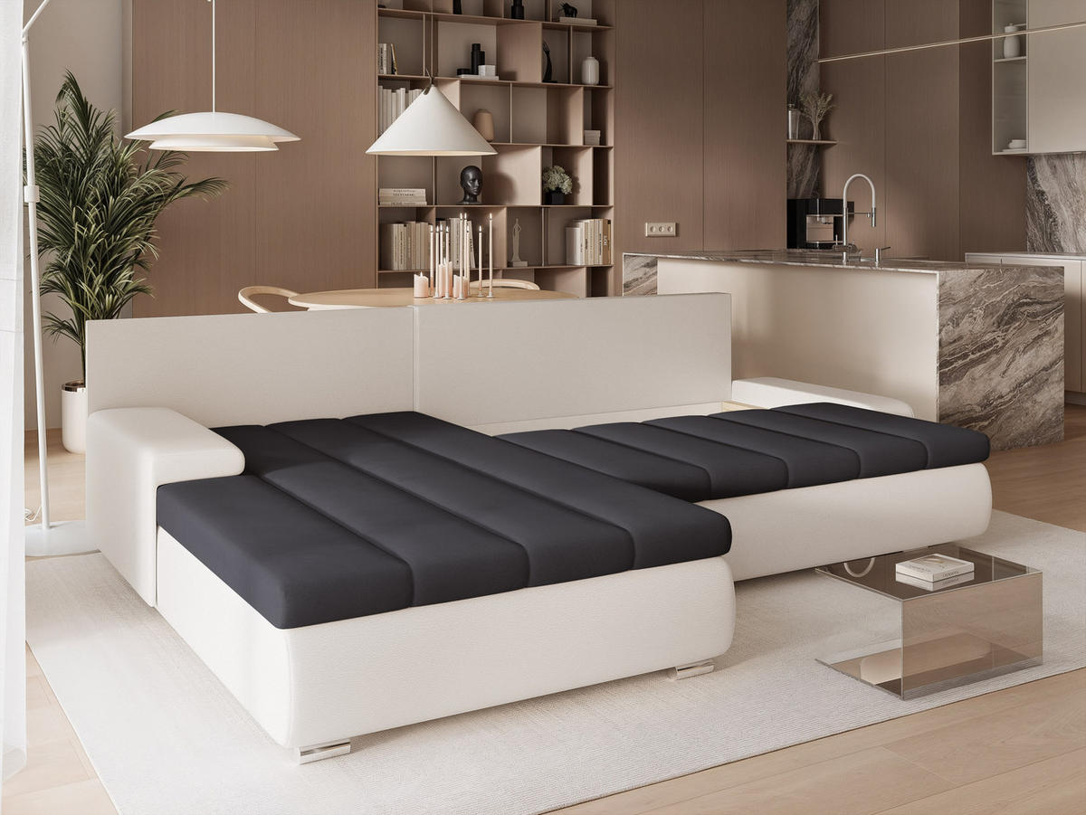 ECKSOFA VELANO mit Schlaffunktion und Bettkasten Creme/Anthrazit - Anthrazit, Holzwerkstoff/Kunststoff (250/160cm) - Idohome