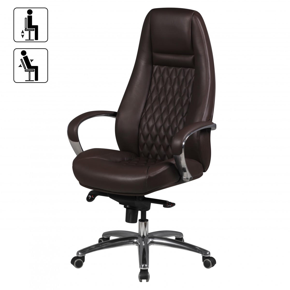 CHEFSESSEL Echtleder mit Aluminiumfußkreuz und ergonomischer Sitzform MADRID, Braun 70x68x130 cm - Silberfarben/Braun, Leder/Metall (70/130/68cm) - KADIMA DESIGN