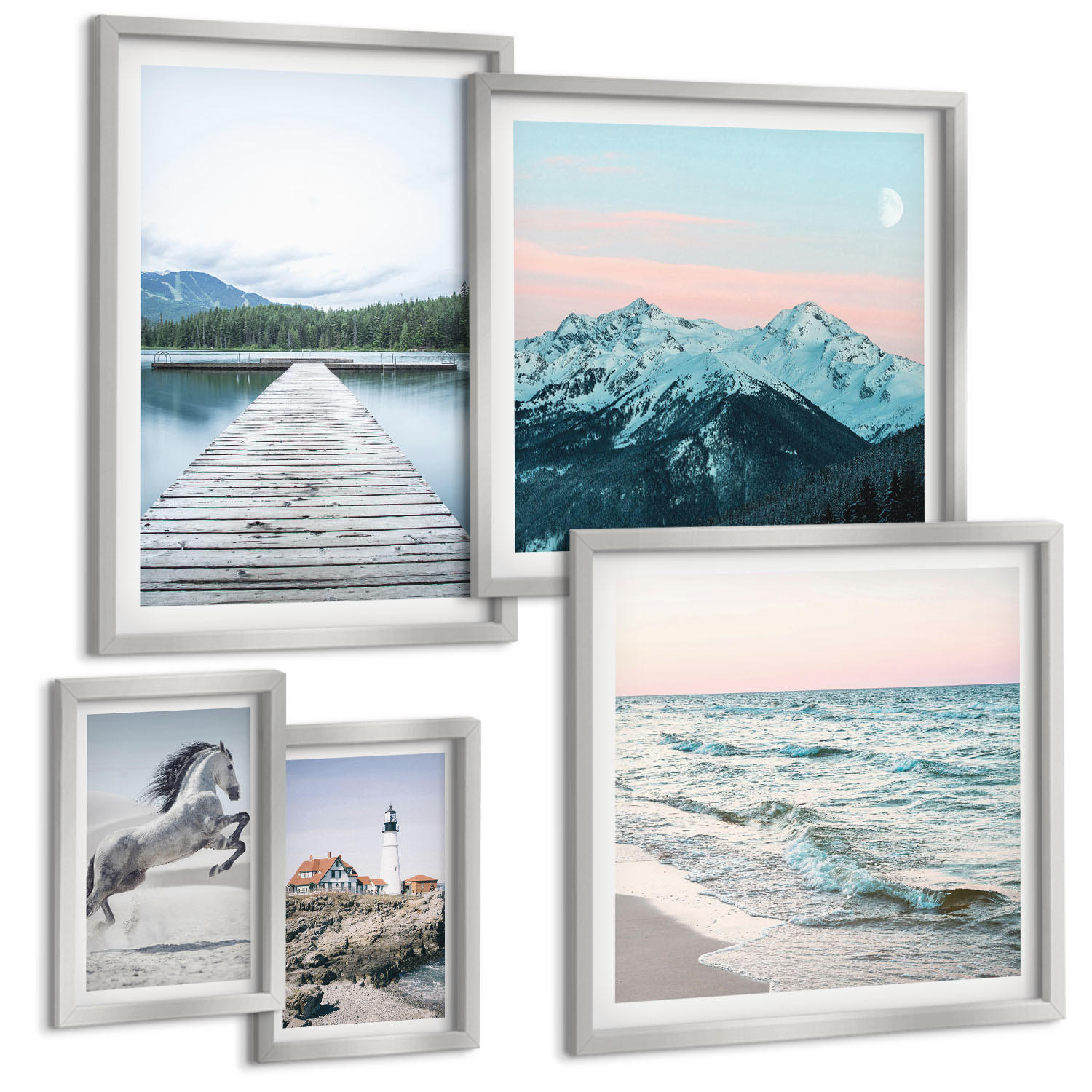 BILDER SET 5er Set - 50x50 cm & 20x30 cm & 40x60 cm Silberner Rahmen - Landschaften europäischer Städte - Silberfarben, Kunststoff (40/60cm) - TULUP