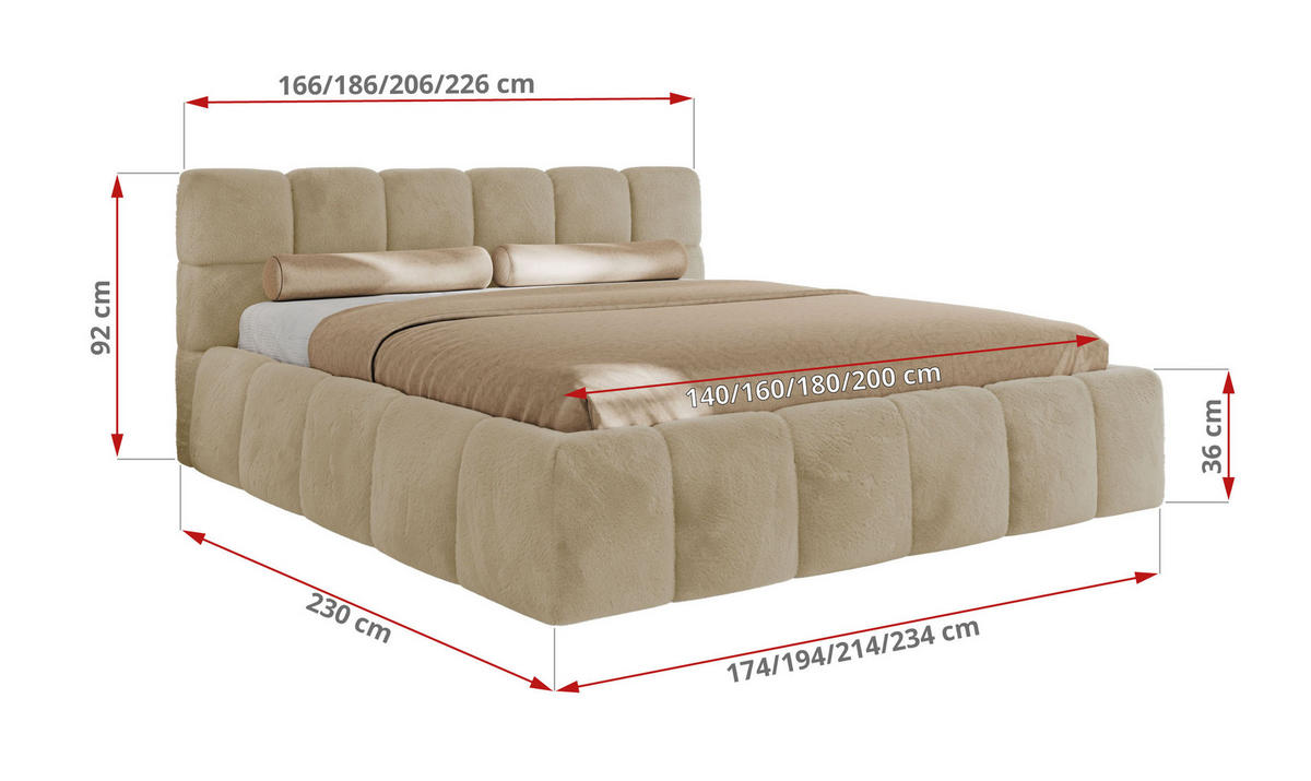 POLSTERBETT NIRA CLASSIC 200/200 - Creme Plüsch - Pocket-Matratze - Creme, Textil (200/200cm) - MKS