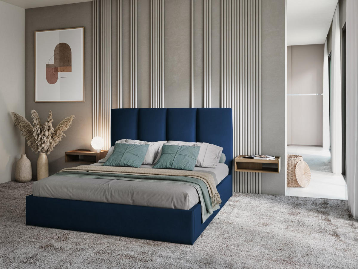 BETT mit Bettkasten und Kopfteil Pyla aus Samt königsblau 180x200cm - Dunkelblau, Textil (180/200cm) - Micadoni