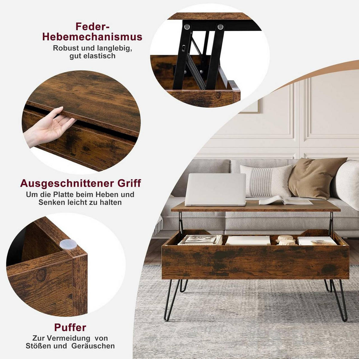 COUCHTISCH mit Stauraum, Metallbeine, Rustikales Braun - Dunkelbraun, Holzwerkstoff/Metall (50/95/40cm) - Woltu
