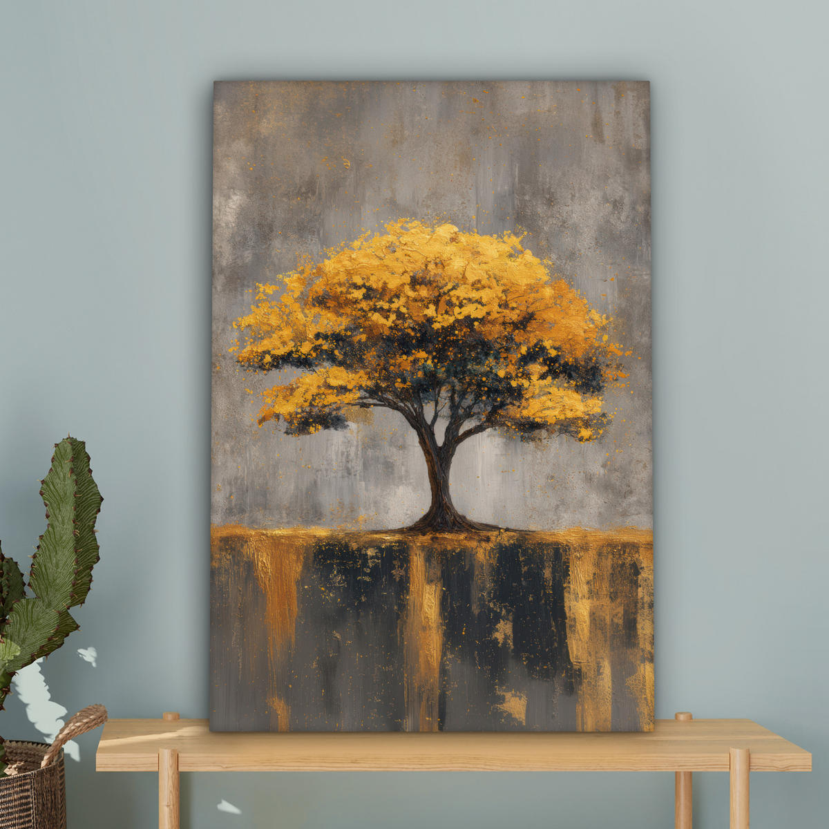 LEINWANDBILD Baum - Blätter - Gold - Abstrakt Wanddeko Schlafzimmer 60x90 cm - Grau, Textil (60/90cm) - MuchoWow