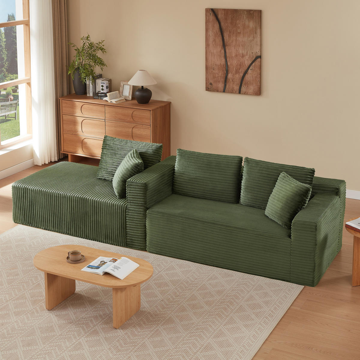 ECKSOFA Cord Grün mit Kissen - Grün, Textil (252.5/163cm) - WISHDOR