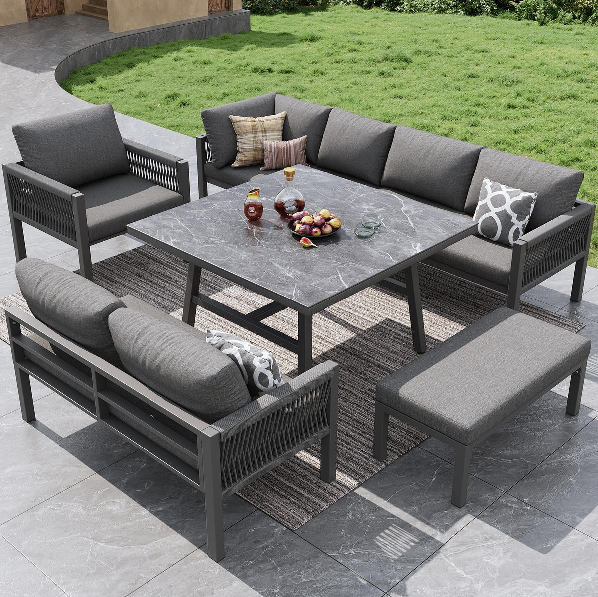 ZAHRADNÍ sedací souprava z železa 118x61x80 cm šedá pro 8 osob s modulárním uspořádáním a stolkem se sklem - šedá, kov - Modfu