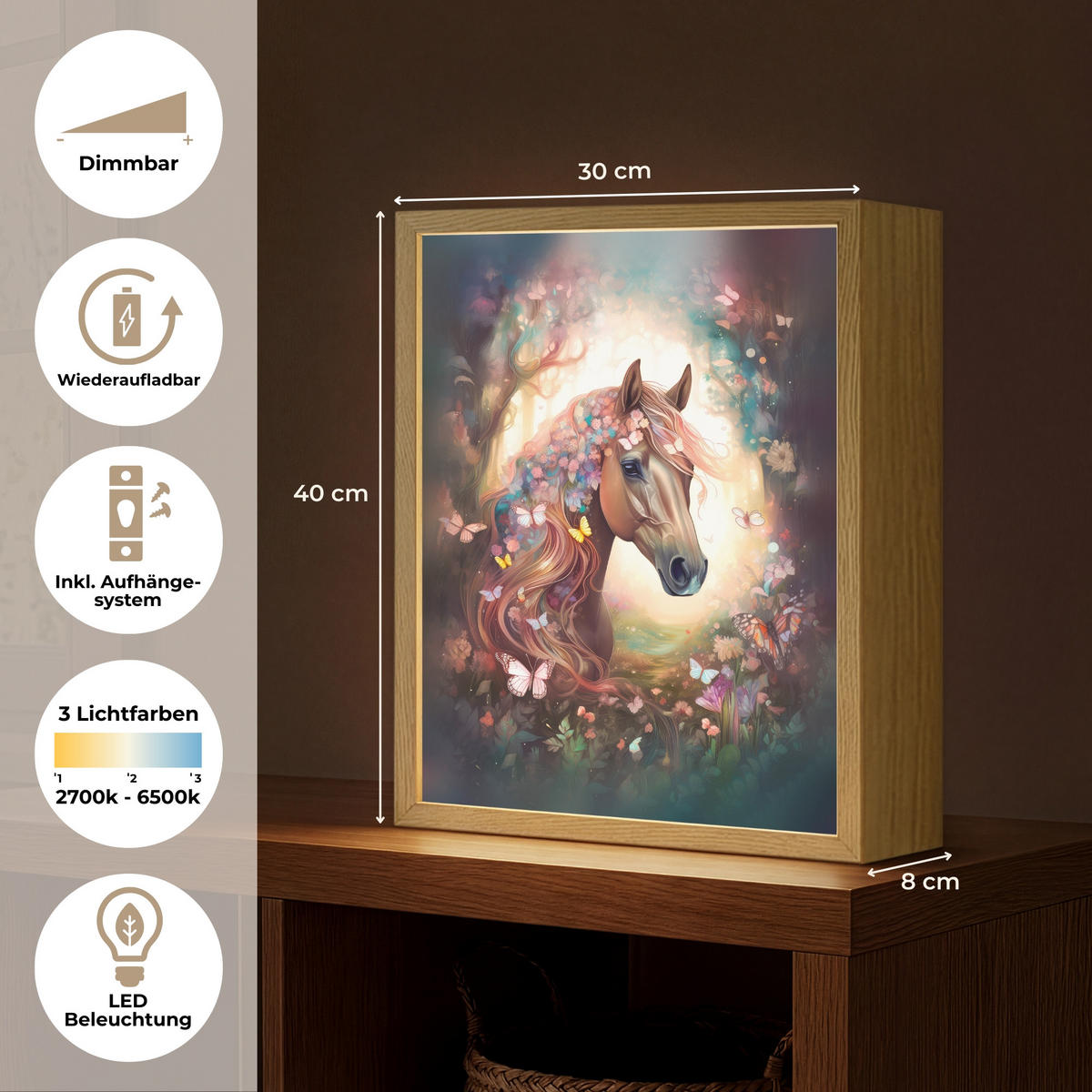 NACHTTISCHLAMPE MIT AKKU Pferd - Natur - Blumen - Schmetterlinge - Wald 30x40 cm - Dunkelbraun, Holzwerkstoff (8/30/40cm) - OnlyWow