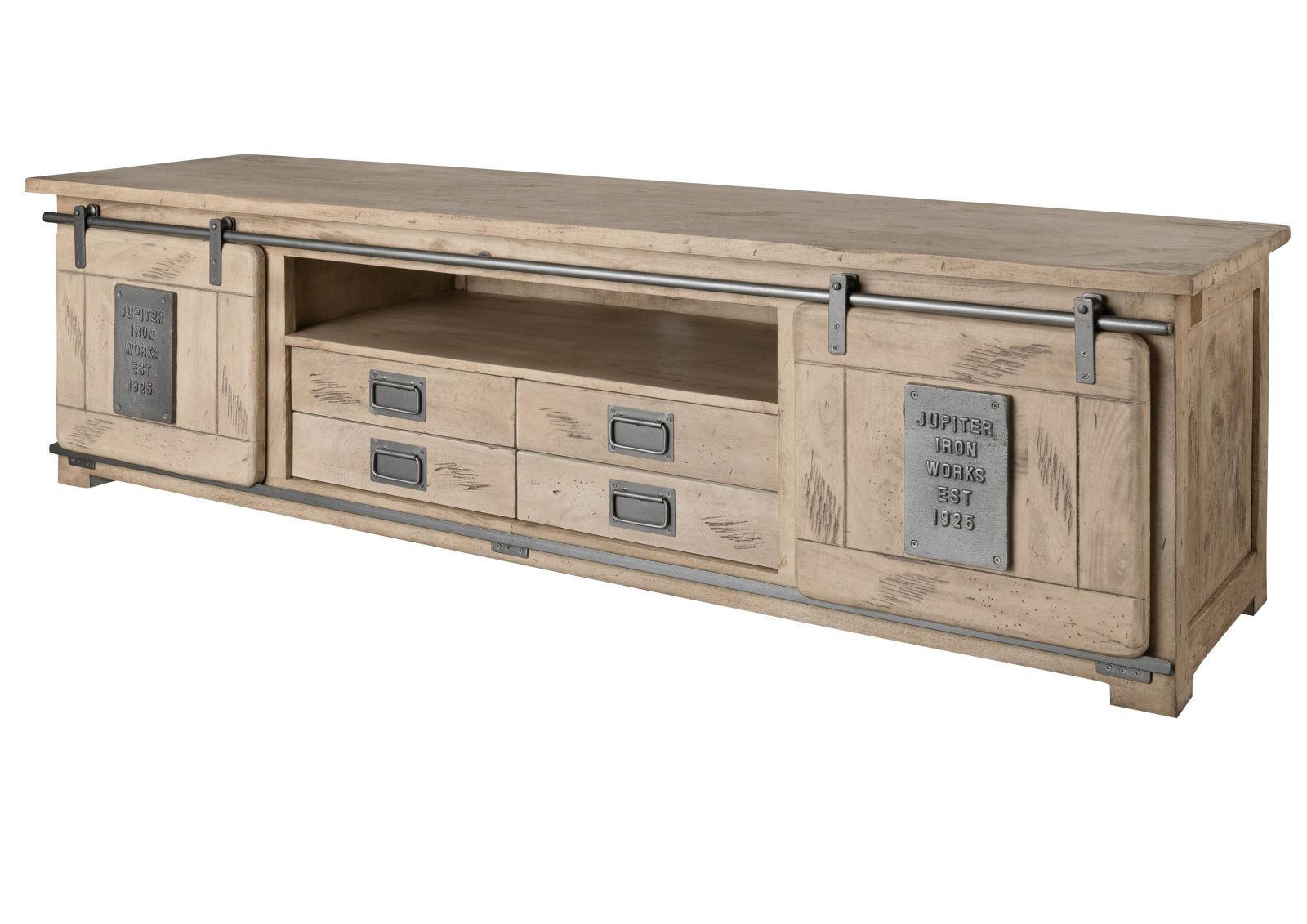TV-BOARD Mango 200x55x55 whitewash lackiert RAILWAY #348 - Beige, Holz (200/55/55cm) - Massivmoebel24