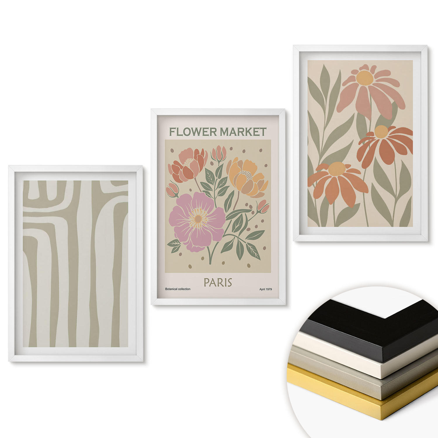 WANDBILDER 3er-Set - 40x60 cm Weißer Rahmen - Botanische Motive, Pariser Minimalismus - Weiß, Kunststoff (40/60cm) - ArtPrintCave