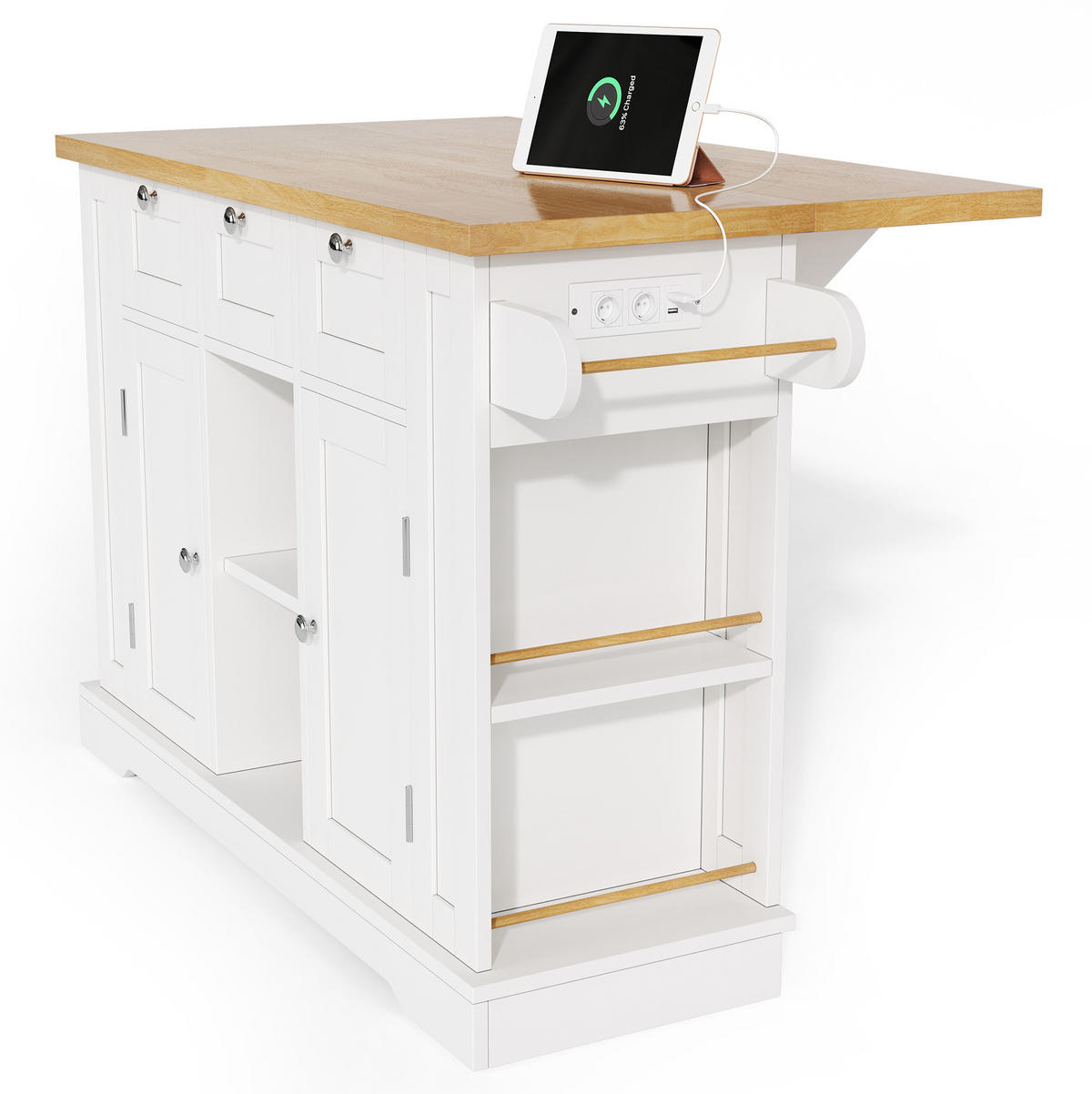 KÜCHENINSELWAGEN mit ausziehbarer Arbeitsplatte 132 cm White/Natural - Weiß, Holz (70/87/132cm) - Beauniv