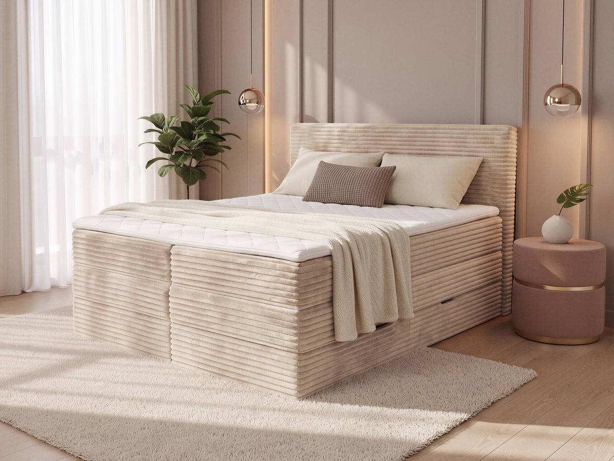 BOXSPRINGBETT Mollo Max - 160x200 - beige (Tilia 03, Cord) - Beige/Schwarz, Holz/Holzwerkstoff (160/200cm) - Sofnet
