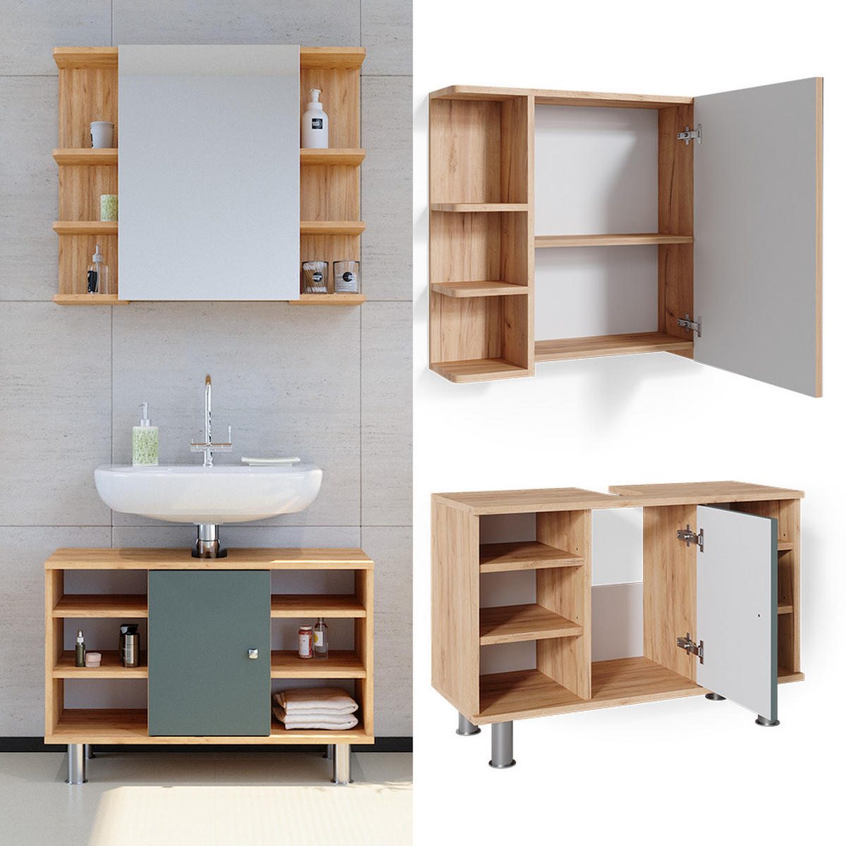 BADMÖBEL-SET Fynn Grün 2 Teile, Unterschrank 80 cm - Honigeiche/Grün, Holzwerkstoff (60/54/32cm) - Vicco